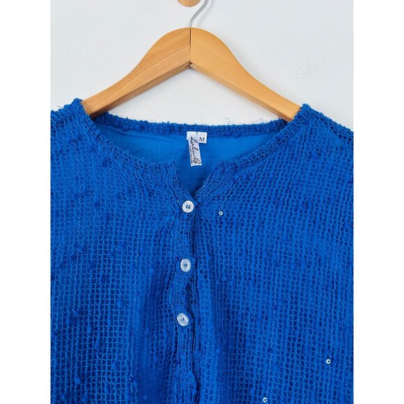 Lulu-B Women's Sz Medium Tunic Top Blue Mesh Mermaid Fishnet Open Knit - Picture 9 of 9